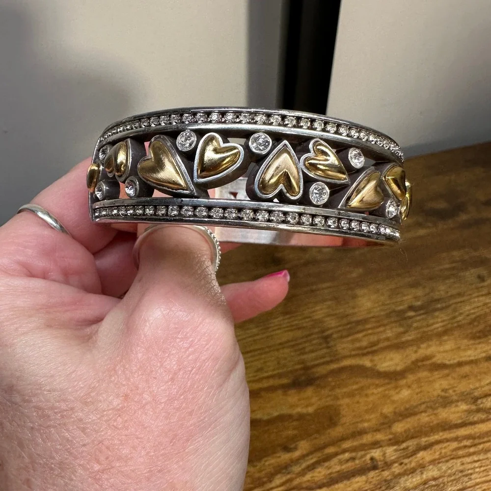 Brighton Two Tone Heart‎ Bangle Bracelet Silver Gold Crystal Accents Filigree